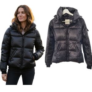 S13 Hooded Quilted Down Puffer Coat Women's Sz XS Black High Shine Jacket
